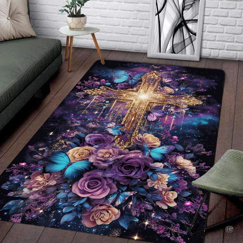 Butterfly floral rug with golden cross and blooming lavender roses on cosmic nebula backdrop.