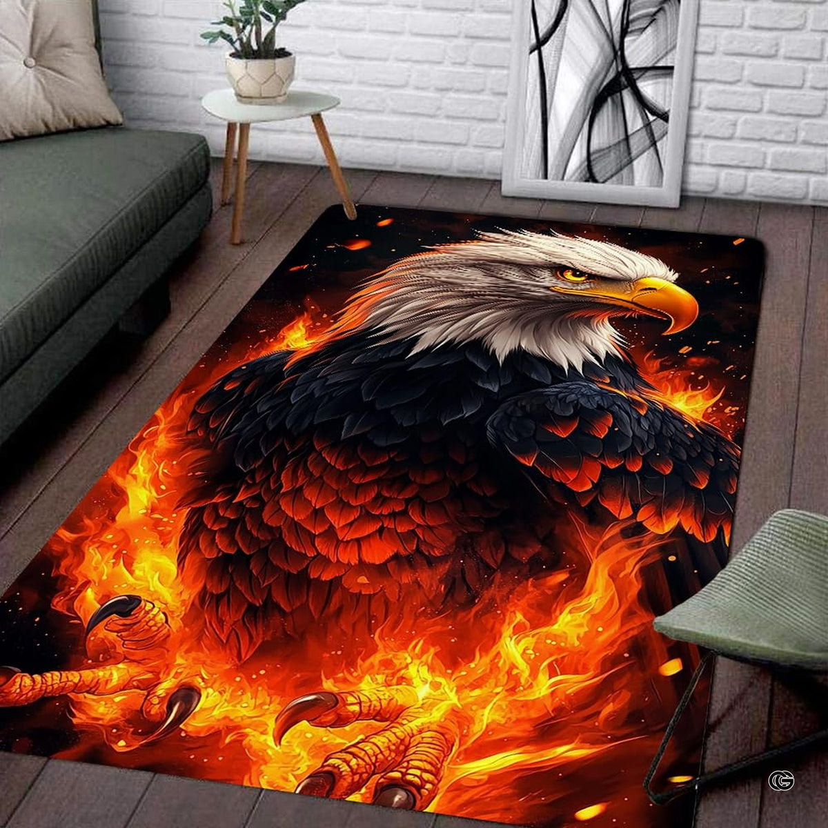 Fiery bald eagle area rug placed alongside contemporary living room furniture. - image 7 of 7