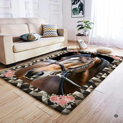 Overhead view showing the complete equestrian portrait rug design and balanced border. - thumbnail image 4 of 7