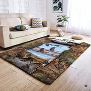 Overhead flat view of rectangular waterfowl camo illusion wildlife area rug - thumbnail image 8 of 8