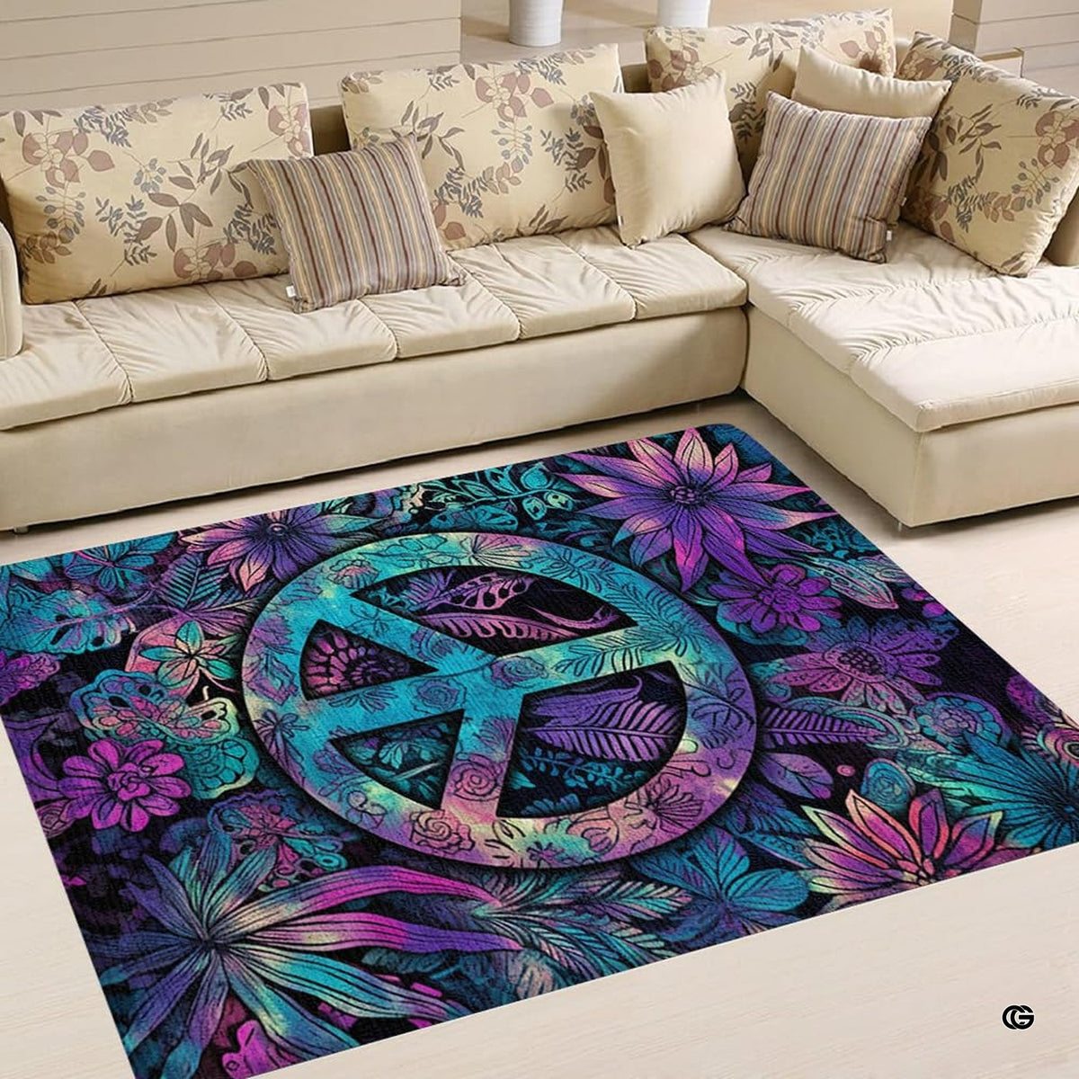 Overhead view of bohemian botanical peace sign area rug styled in modern eclectic living room.