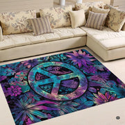Overhead view of bohemian botanical peace sign area rug styled in modern eclectic living room. - thumbnail image 2 of 5