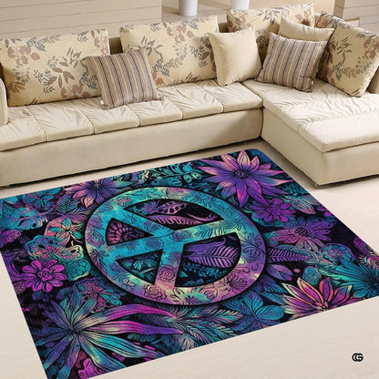 Overhead view of bohemian botanical peace sign area rug styled in modern eclectic living room. - thumbnail image 2 of 5