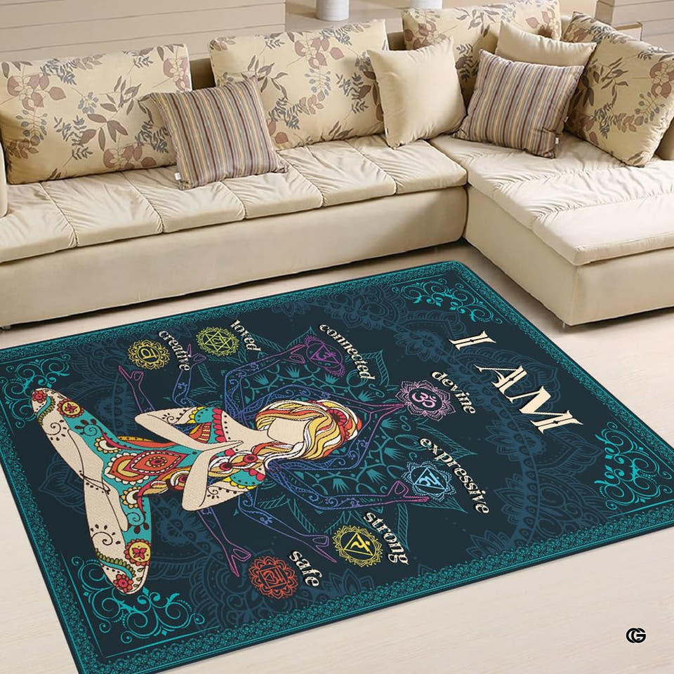 Meditation lotus pose area rug displaying chakra emblems staged in front of a sectional couch.