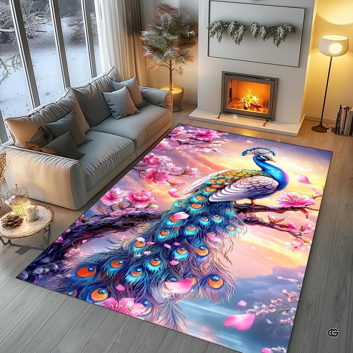 Sunroom layout displaying the colorful peacock bird rug centered on flooring