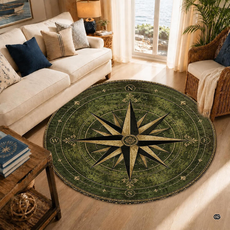 Antique green compass rose round area rug centered before cream sofa and wicker armchair.