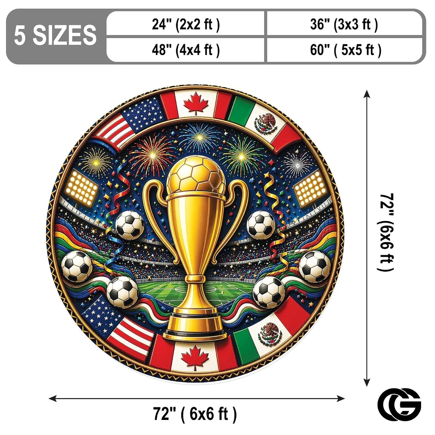 Custom Soccer Round Rug with Championship Trophy and World Flags - D7
