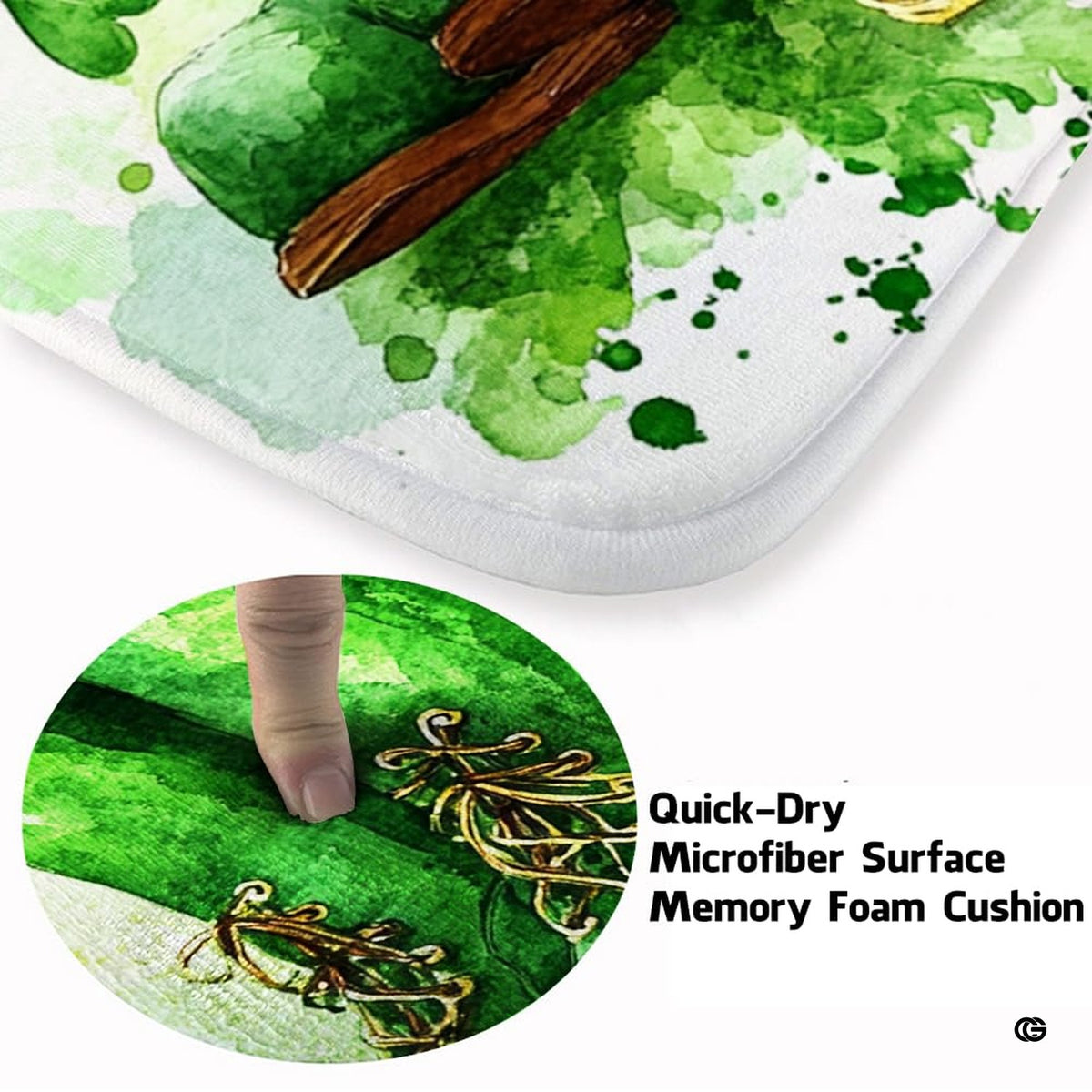 Soft low-pile microfiber fabric and foam cushioning detail of leprechaun rug