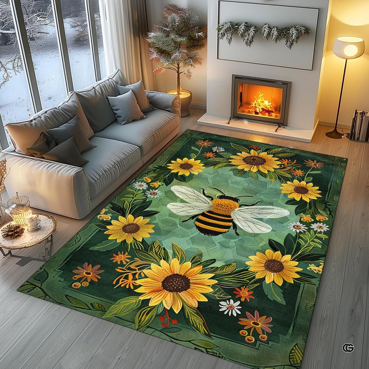 Sunroom layout displaying the green honeybee wreath rug centered on flooring - image 5 of 8
