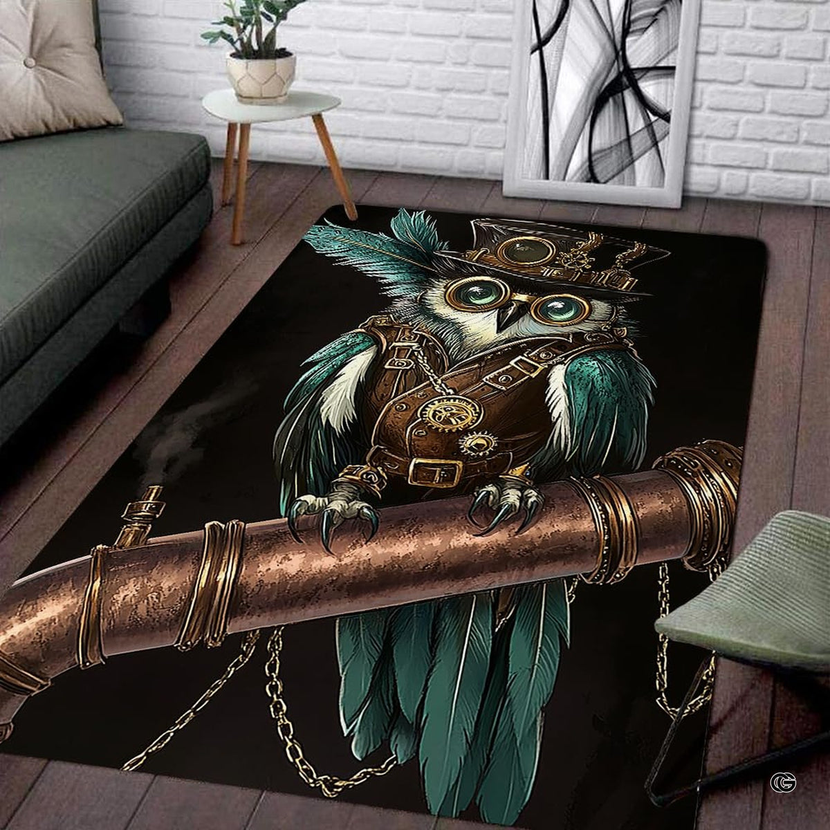 Steampunk area rug displayed in a living room setting with rich teal and bronze artwork. - image 3 of 8