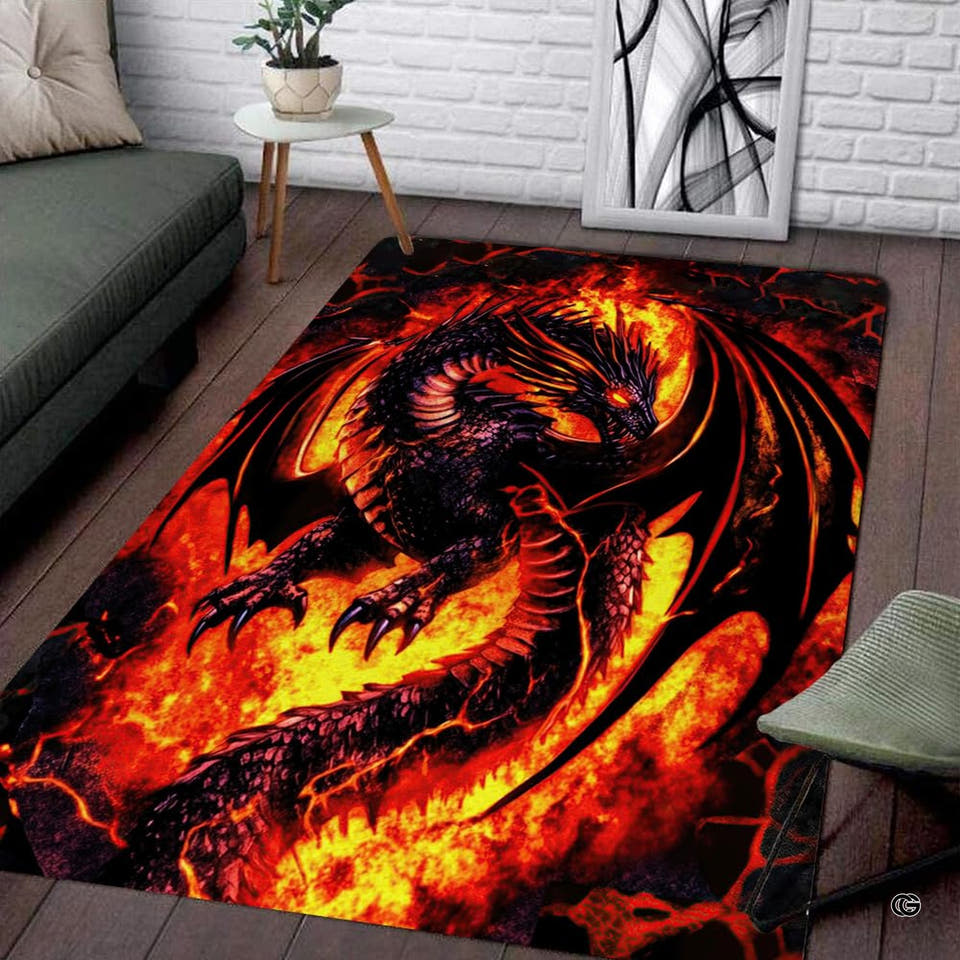 Fiery black dragon gaming area rug centered across hardwood flooring in modern battlestation