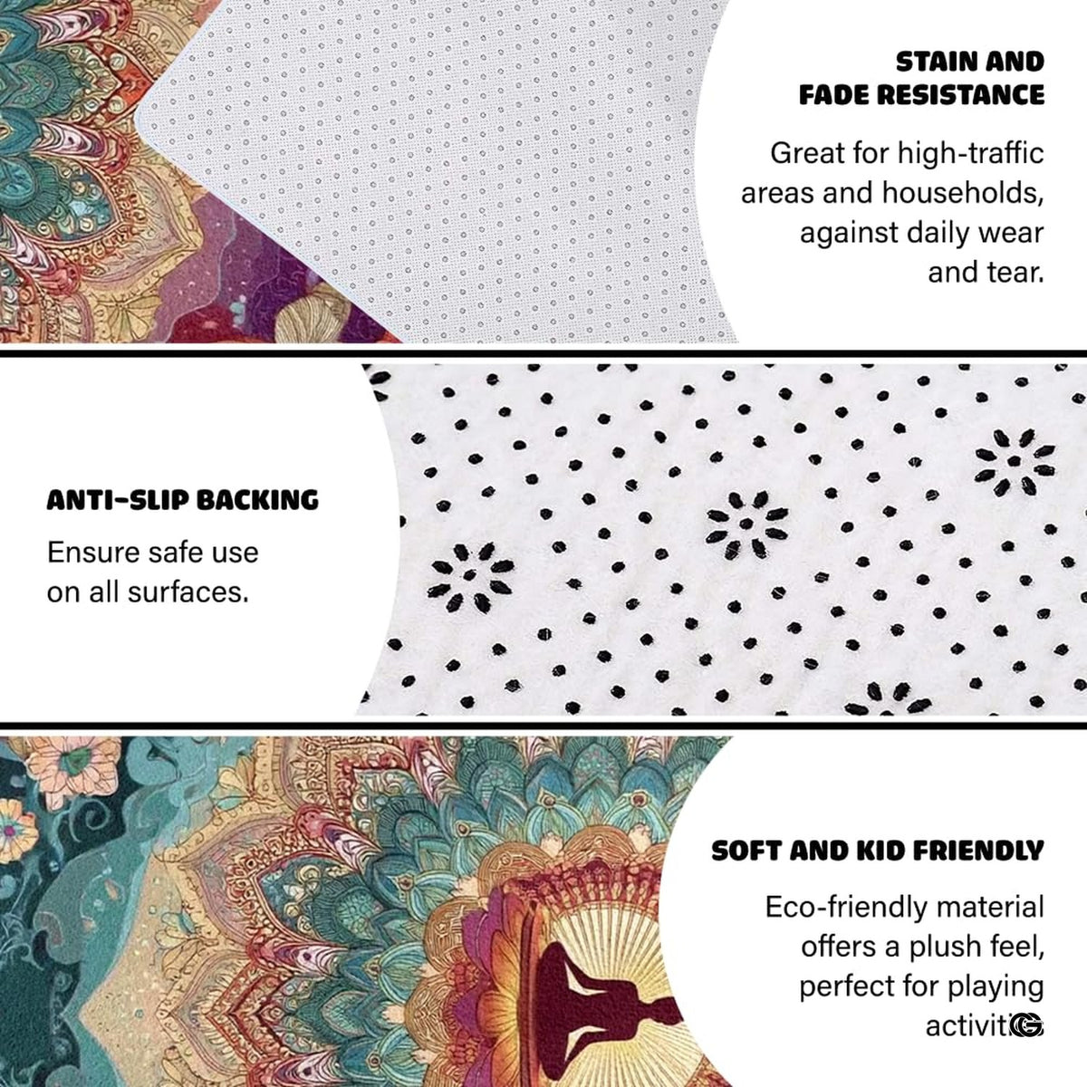 Infographic highlighting the anti-slip dotted backing and stain resistance features