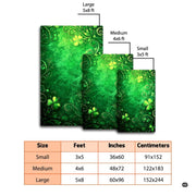 Close view of glowing four-leaf clover graphics and Celtic artwork on an emerald rug. - thumbnail image 2 of 8