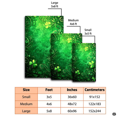 Close view of glowing four-leaf clover graphics and Celtic artwork on an emerald rug. - thumbnail image 2 of 8