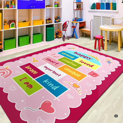 Overhead perspective of the princess decorative accent area rug with butterfly, rainbow, and heart doodles. - thumbnail image 5 of 9