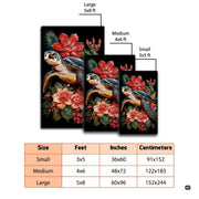 Close-up visual artwork of swimming sea turtle with golden yellow hues and tropical foliage on floor rug. - thumbnail image 2 of 7