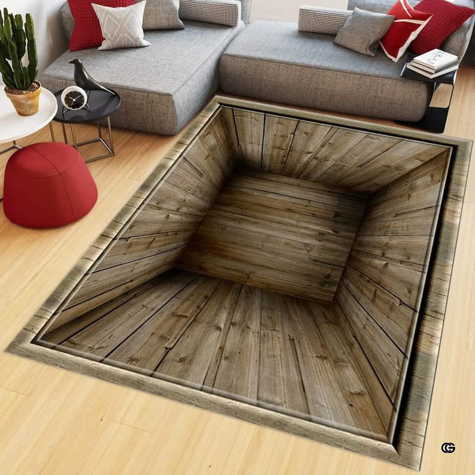 Living room setting showing a rectangular 3D optical illusion rug with sunken wood chamber design.