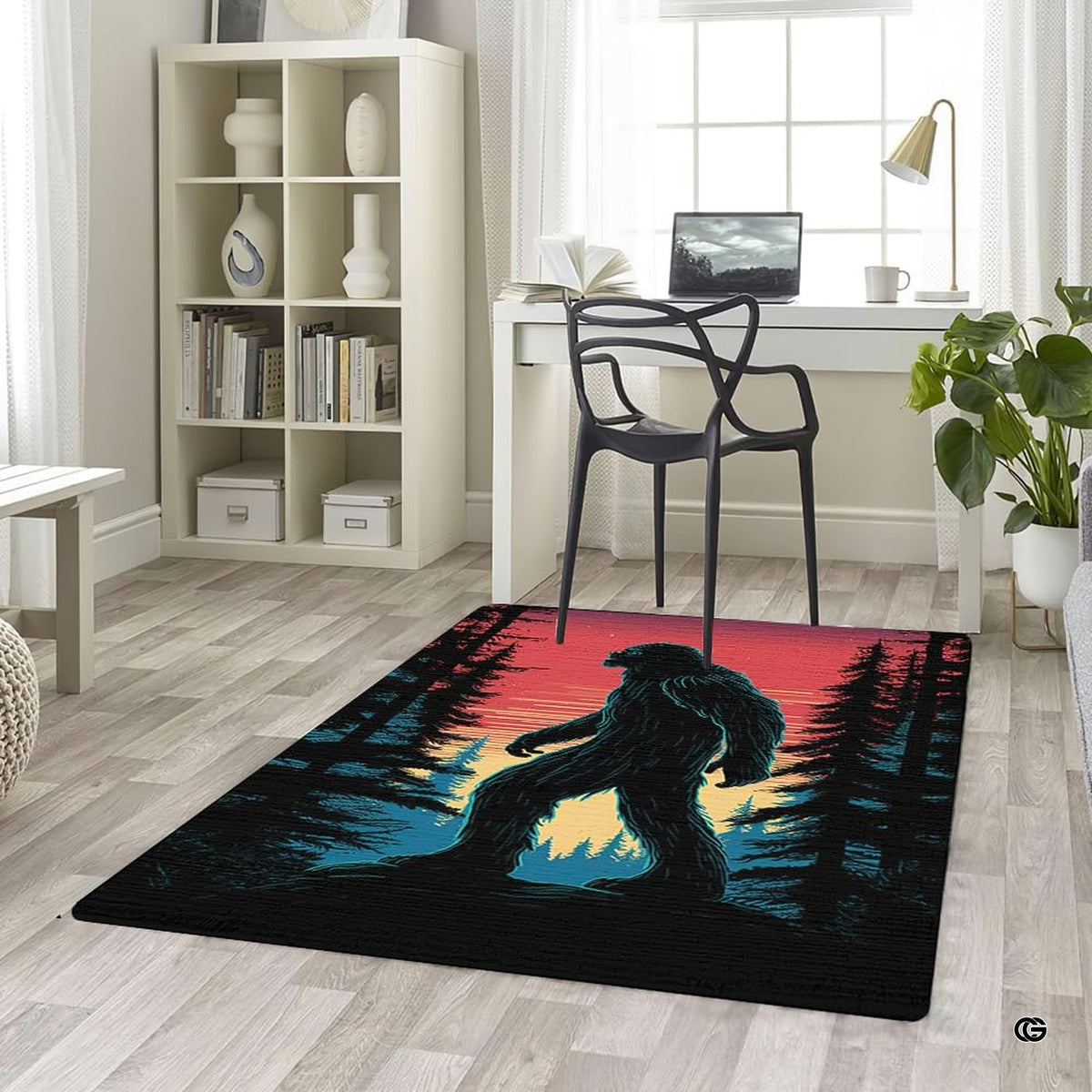 Close perspective of the Sasquatch illustration and dark evergreen backdrop on this woodland animal rug.