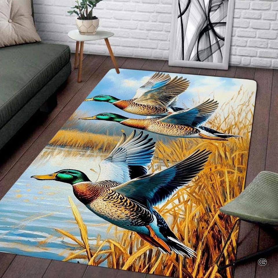 Flying mallard ducks wildlife rectangular area rug displayed on dark hardwood flooring in a contemporary living room.