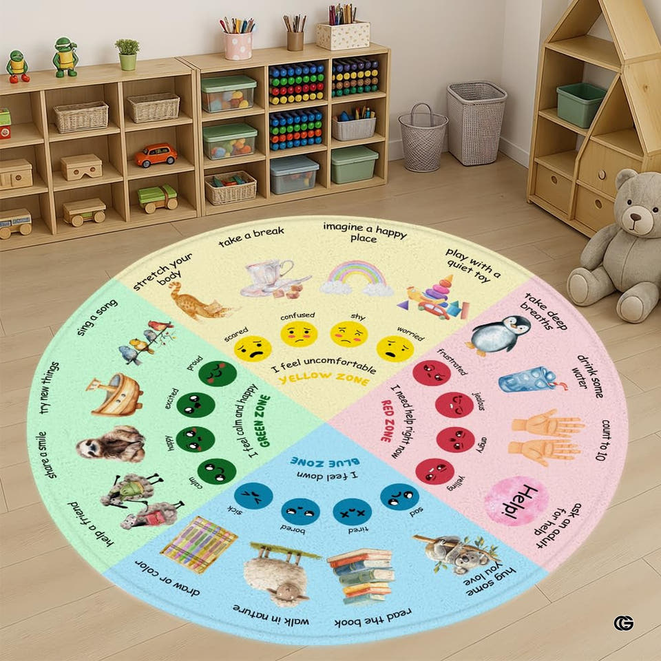 Feeling Wheel Chart Rug for Classroom - Round Emotional Regulation Mat, Calming Corner Decor, Mental Health Composition Notebook Carpet, Back to School Gift