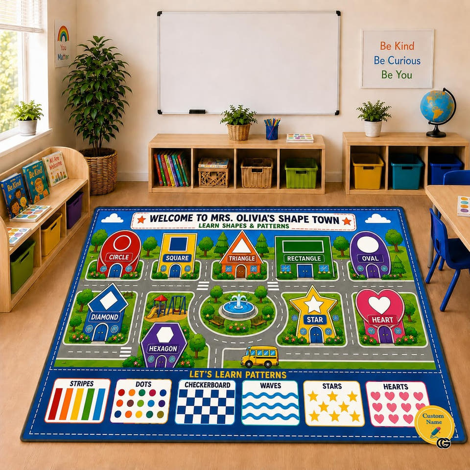 Geometry village map classroom kids area rug in primary perspective