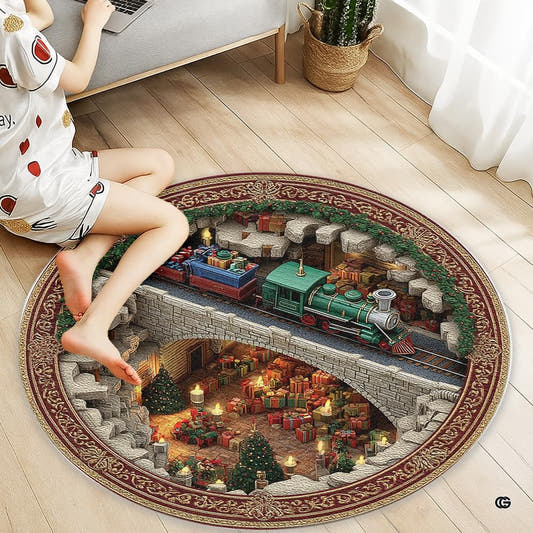 Christmas train grotto 3d optical illusion area rug - view 1