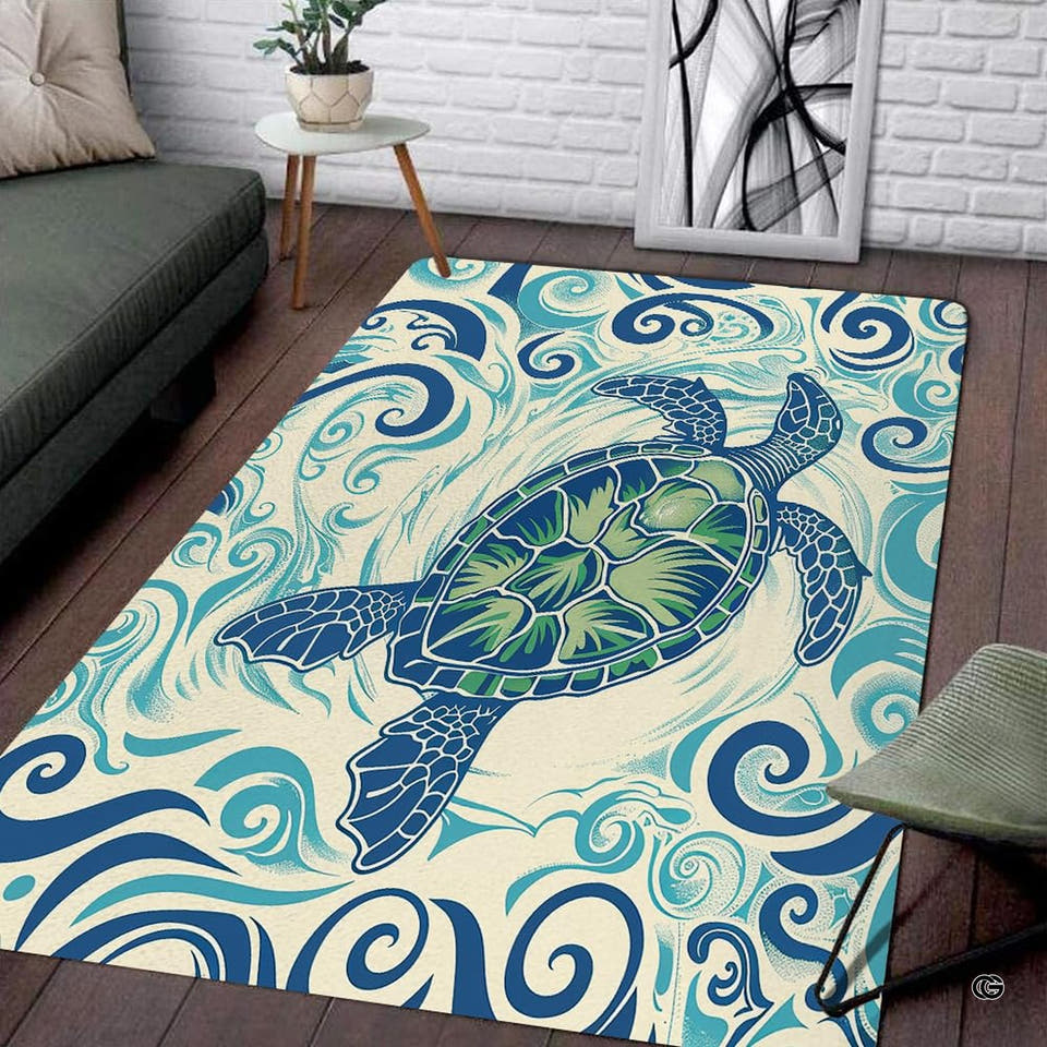 Coastal swirling ocean waves sea turtle illustration rectangular area rug.