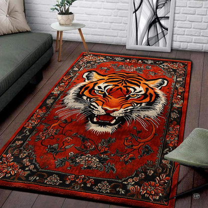Crimson red antique oriental tiger living room area rug in front of a modern couch - thumbnail image 1 of 8