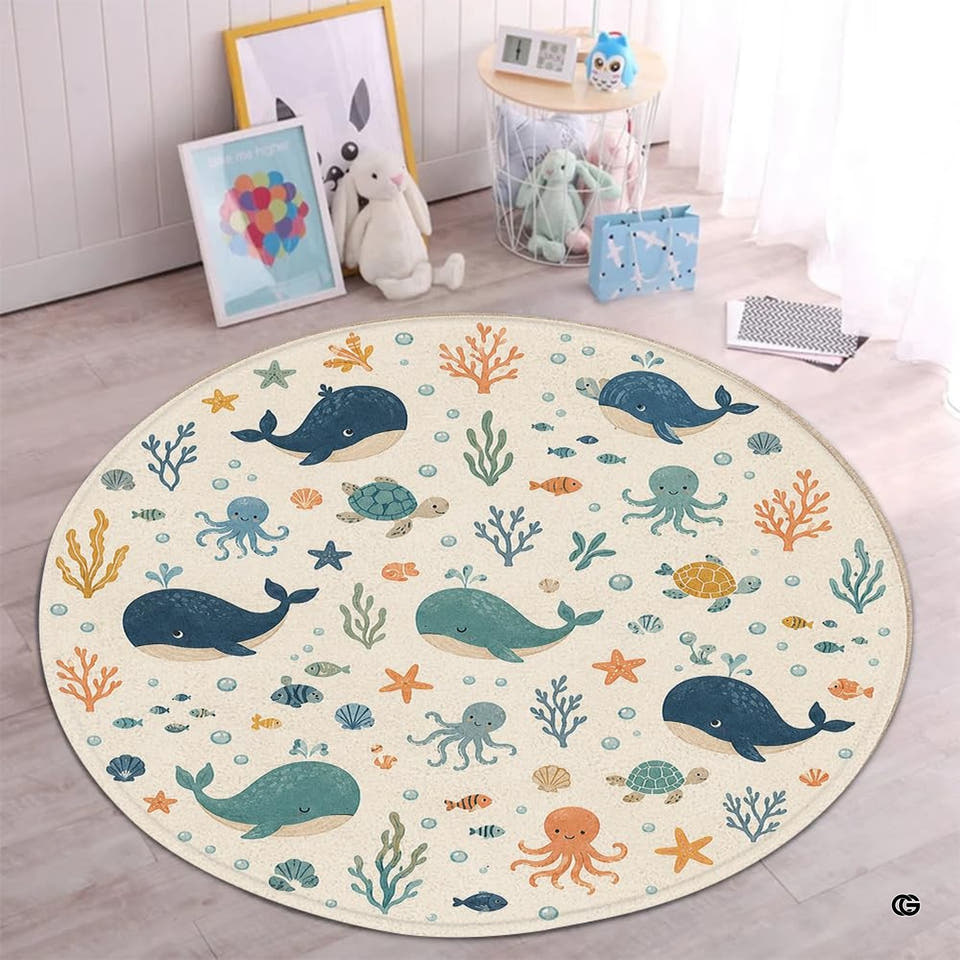 Round sea rug with illustrated blue whales, sea turtles, octopuses, and coral reefs on a cream backdrop.