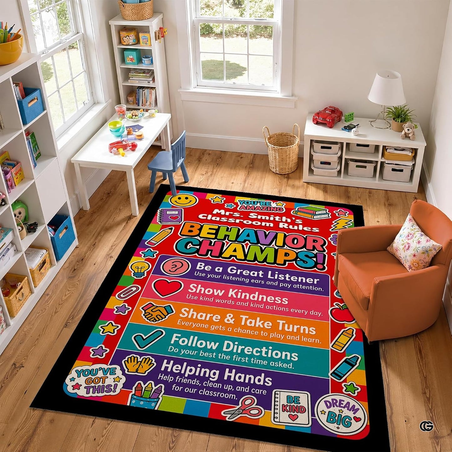 Personalized Teachers Classroom Rug, Custom Teacher Name Classroom Rules Area Rug, Feeling Chart Calming Corner Mat, Kindergarten Educational Back to School Class Decor (D6)