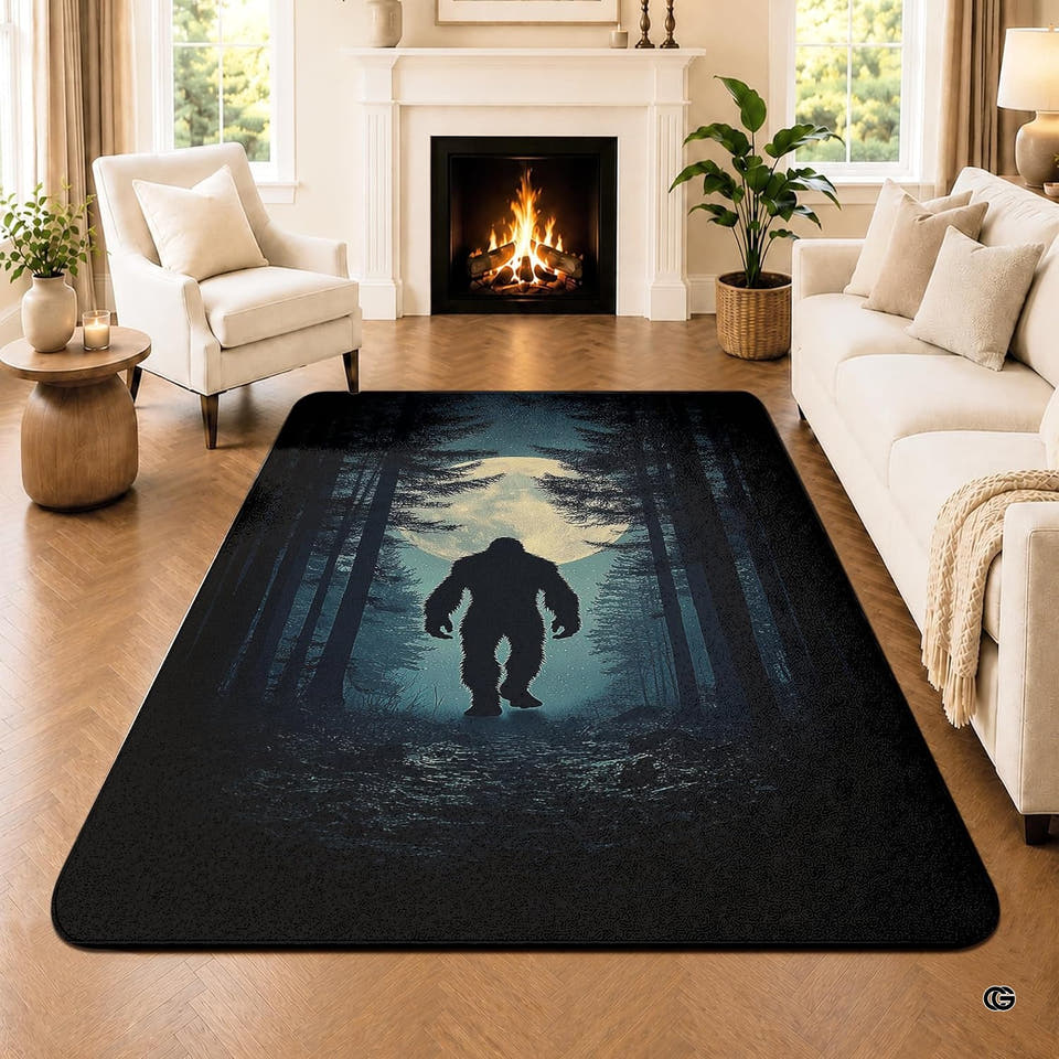 Personalized Bigfoot Area Rug Sasquatch Rug Unique Outdoor Adventure for Home Décor Living Room Bedroom (Bigfoot Night 2)