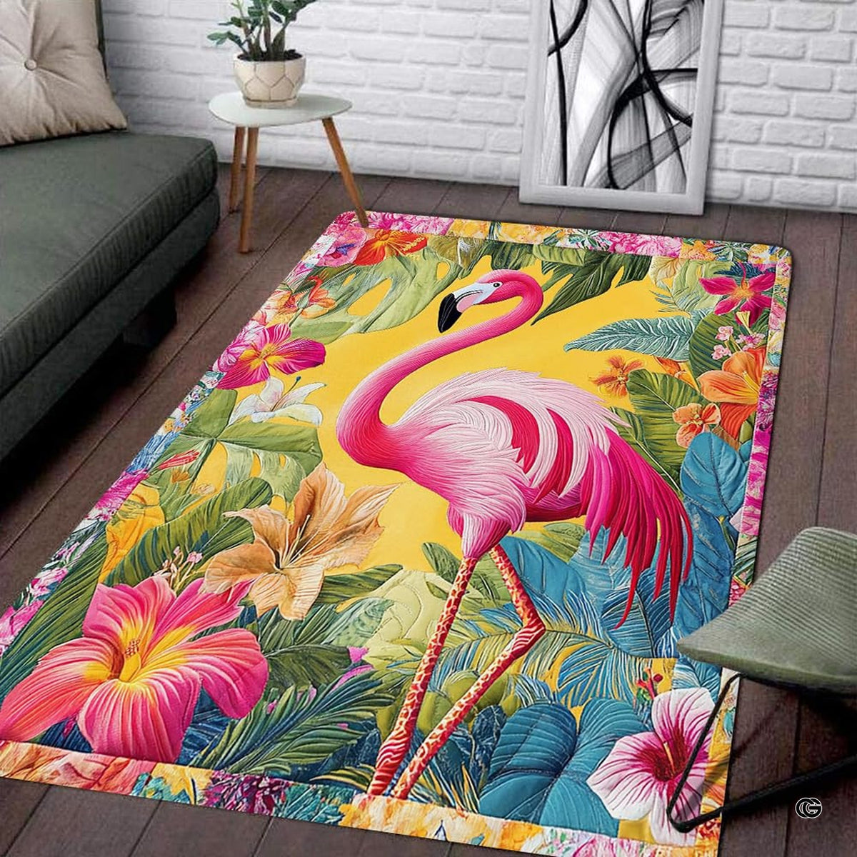 Pink flamingo standing amid tropical hibiscus and palm leaves on a golden floral area rug. - image 1 of 8
