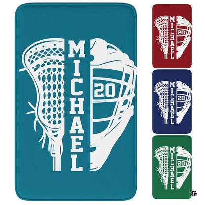 Lacrosse sports area rug featuring split stick head and helmet graphic display in bright room setting. - thumbnail image 1 of 9