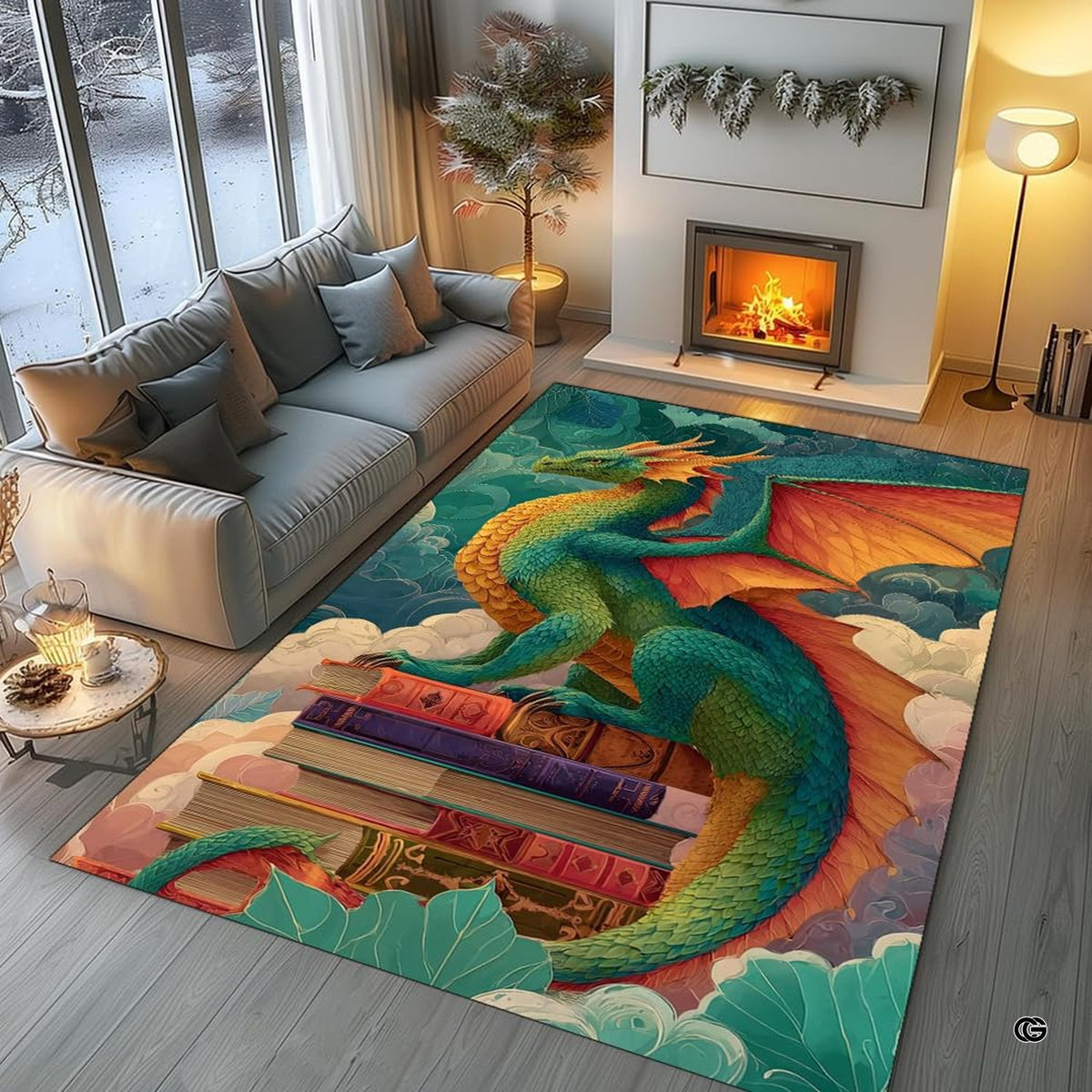 Emerald green and orange winged dragon perched on antique storybooks against a sky of pastel clouds area rug. - image 4 of 6
