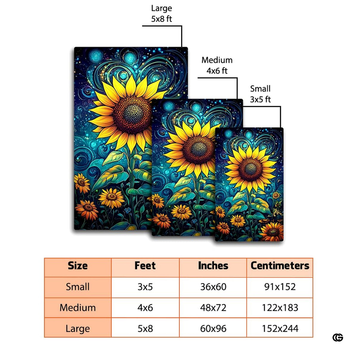 Living room floor mockup highlighting the cosmic sunflower rug beside wicker seating - image 2 of 8