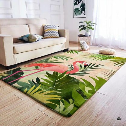 Bright sitting room interior showcasing the botanical flamingo palm art area rug - thumbnail image 6 of 7