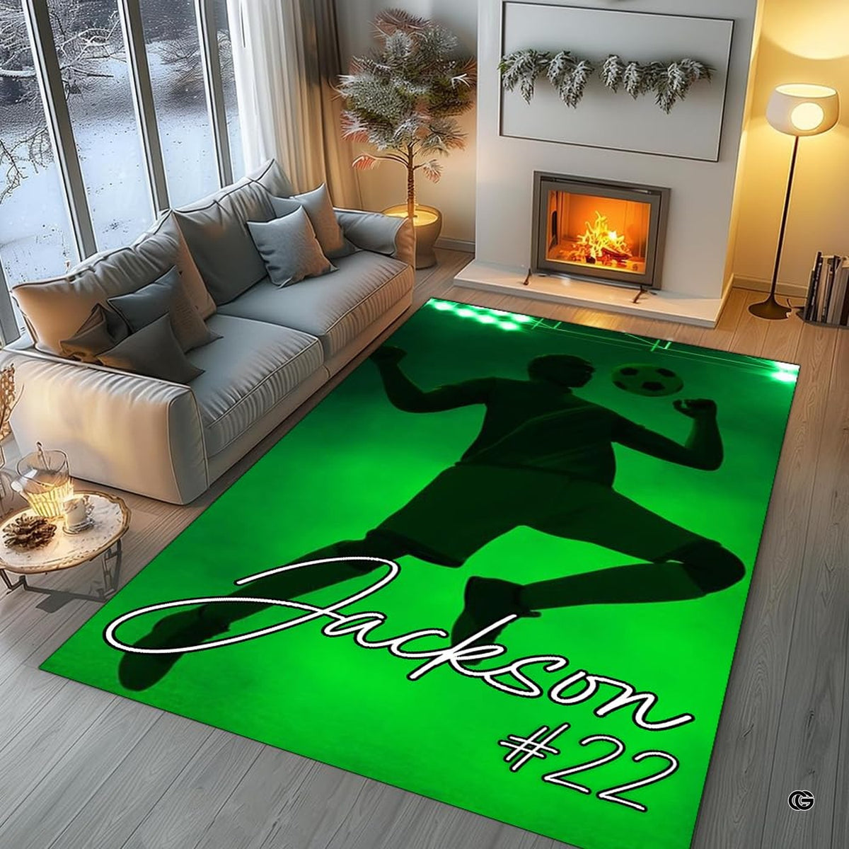 Perspective angle highlighting vivid turf green gradient hues and silhouette soccer artwork. - image 5 of 7