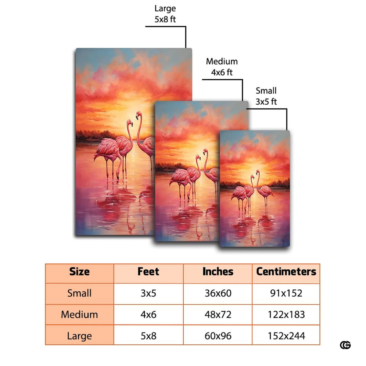 Coastal flamingo landscape area rug grounding a stylish interior layout with tranquil sunset artistry.