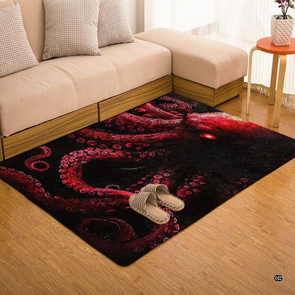 Dark crimson kraken octopus floor rug placed in seaside bedroom setting - thumbnail image 7 of 7