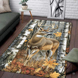 Living room seating setup featuring the whitetail buck autumn birch forest rustic area rug