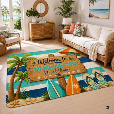 Personalized Tropical Beach Rug, Custom Family Name Tropical Outdoor Rug, Flamingo Surfboard Ocean Area Rug for Living Room, Patio, Beach House Decor, Design 05