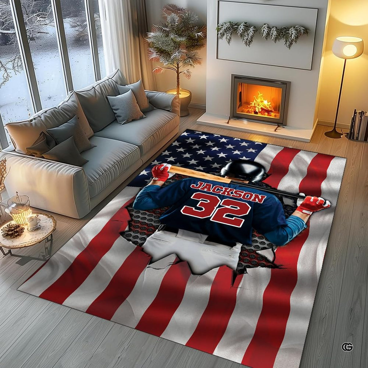 Baseball batter area rug styled beneath lounge chairs in a sports-themed interior space.