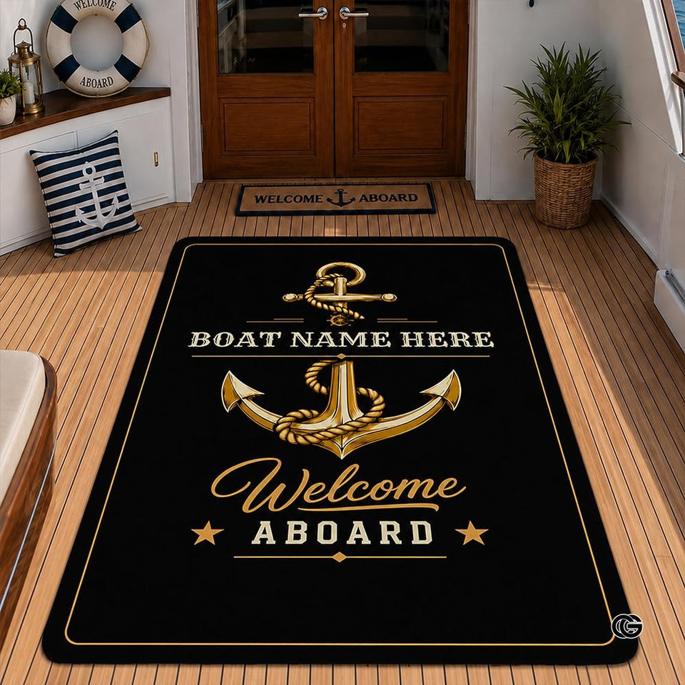 Custom Boat Rug, Personalized Welcome Aboard Mat with Boat Name, Nautical Area Rug for Deck, Entryway or Floor, Anchor Marine Decor, Boating Gift (Boat Rug 01)
