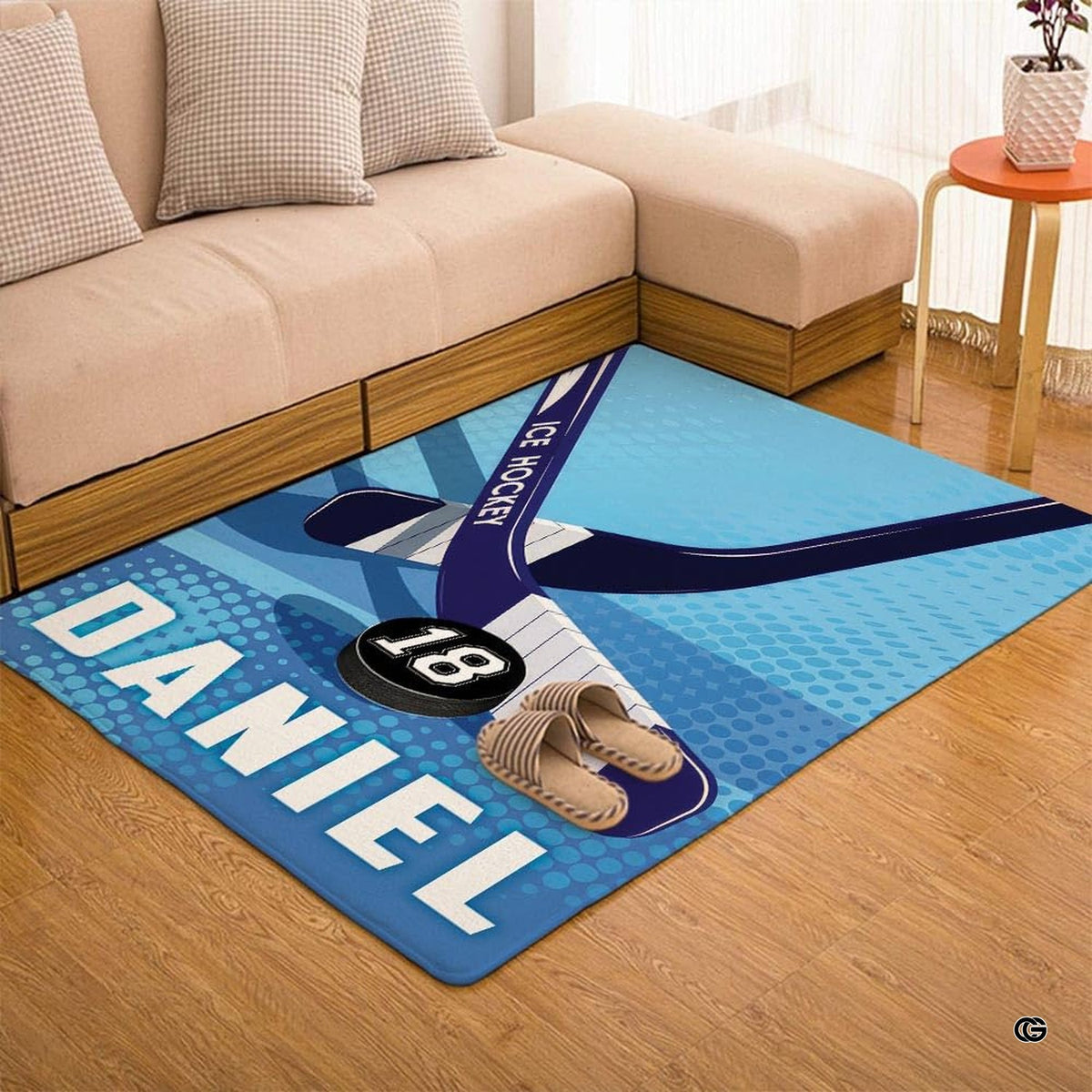 Room decor perspective showcasing sports themed flooring piece anchoring a modern bedroom layout.