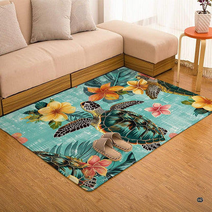Sea turtle floral area rug displayed beside living room couch and side table. - thumbnail image 7 of 7