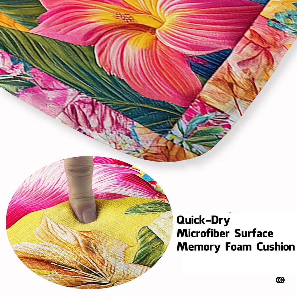 Overhead view of tropical floral area rug featuring a central pink flamingo and patchwork border.