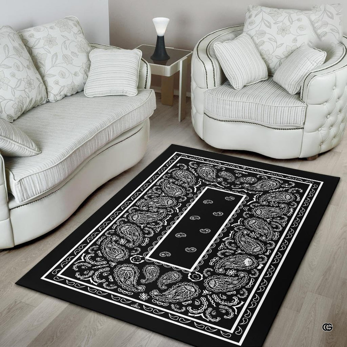 Detailed perspective of ornate botanical scrolls and bandana linework on the floor rug. - image 4 of 9