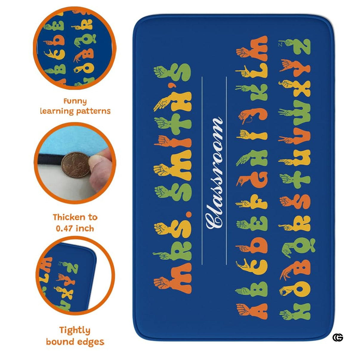 Non-slip grip backing texture and resilient construction of educational area rug.