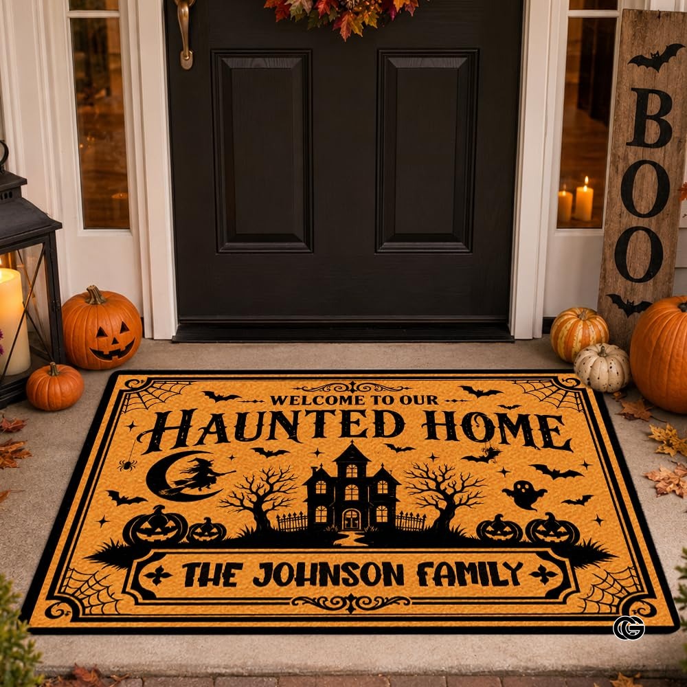 Halloween Door Mat Outdoor, Custom Spooky Welcome Mat with Black Cat and Pumpkin, Fall Front Door Mat for Porch Entryway Decor #1