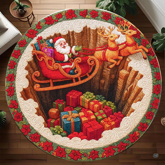 Round Santa sleigh rug over a canyon filled with Christmas gifts